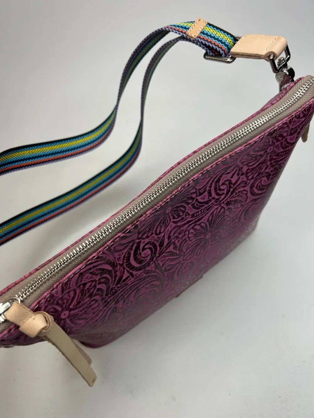 CONSUELA Mena Downtown Women's Fuchsia Tooled Leather Crossbody - Picture 7 of 11